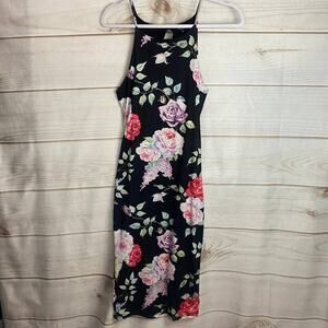 Joe & Elle Black Floral Print High Neck Bodycon Midi Dress Size Medium